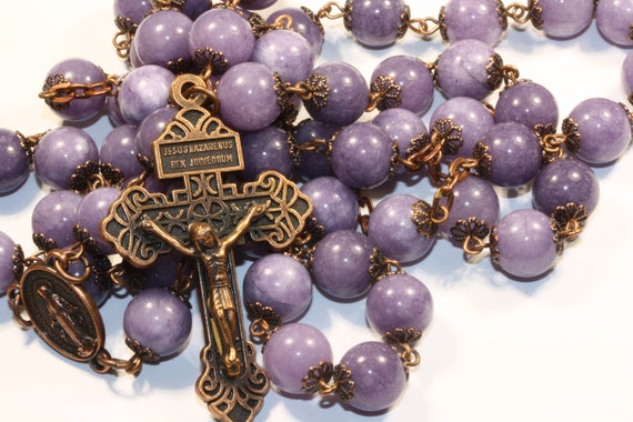 Large 10mm Lavendar Chalcedony Bead Rosary in  Copper With Miraculouse Medal and Pardon Crucifix Handmade in Oklahoma