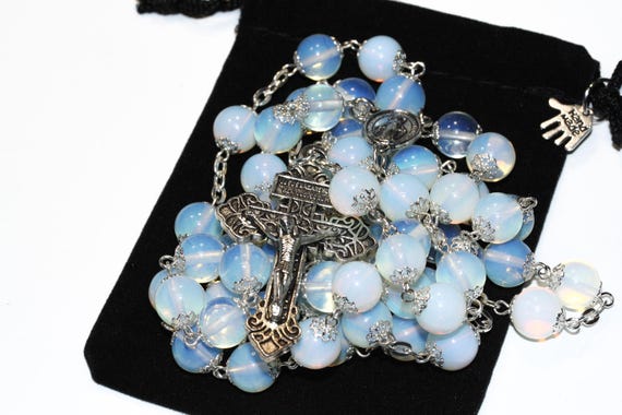 Smooth 10mm Bead Opalite Rosary: Silver Pardon Crucifix, Handmade in Oklahoma