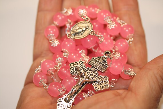 10mm Vibrant Pink Jade  Rosary in Silver made in Oklahoma with a Pardon Crucifix