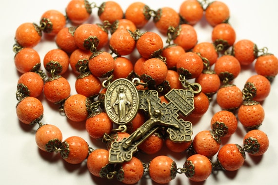 Coffee Table Rosary - Large 12mm Coral and Bronze Handmade Rosary Handmade in Oklahoma 5 decade Pardon Crucifix