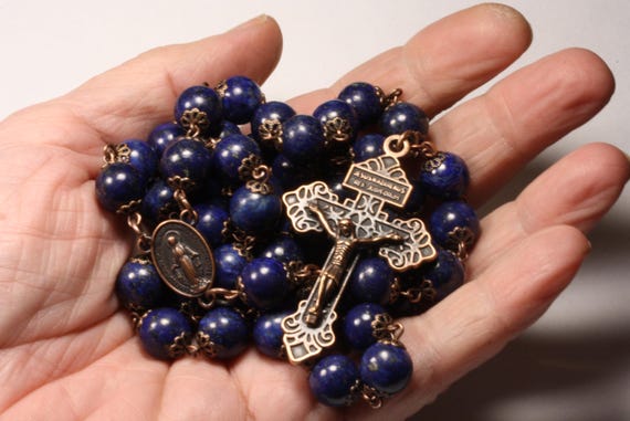 Lapis and Copper 10mm oversized Rosary handmade in Oklahoma 10mm Stone Beads Large