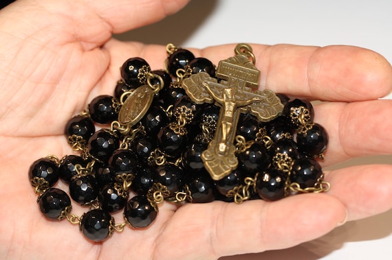 10mm Faceted Onyx in Bronze 10mm 5 Decade Bead Rosary Made in Oklahoma