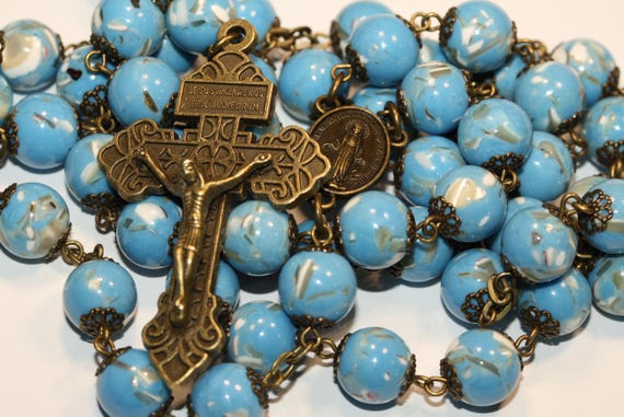 10mm Blue Beads with Shell Pieces Rosary, Bronze Pardon Crucifix, Handmade Oklahoma