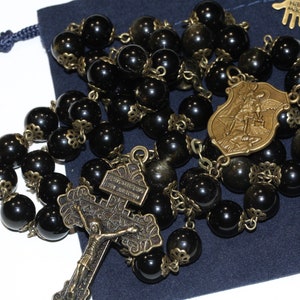 Large Bronze St. Michael and Golden Obsidian 10mm 5 Decade Bead Rosary with a Pardon Crucifix Made in Oklahoma image 2