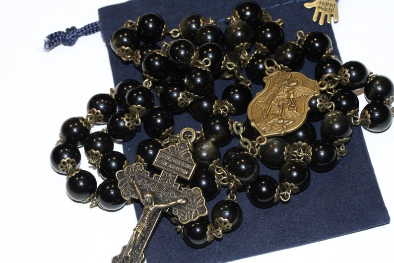 Large Bronze St. Michael and Golden Obsidian 10mm 5 Decade Bead Rosary with a Pardon Crucifix Made in Oklahoma image 2