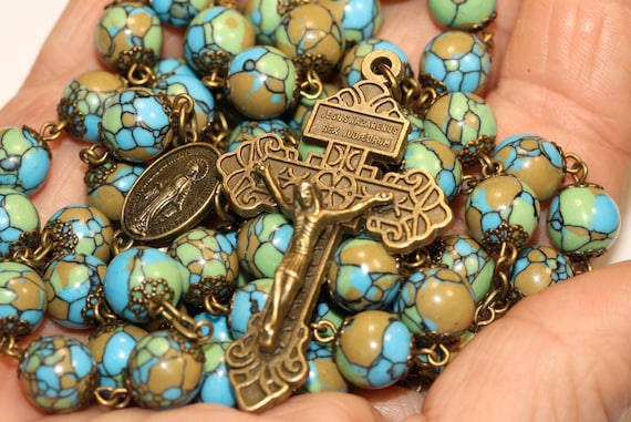 10mm Mosaic Bead Rosary, Bronze Pardon Crucifix, Handmade Oklahoma