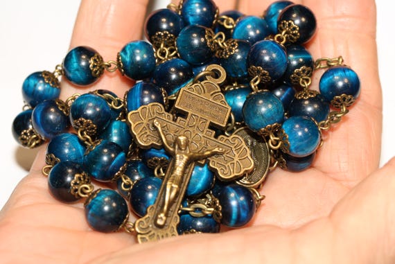 10mm Navy Blue Tiger's Eye Rosary in Bronze with a Pardon Crucifix handmade in Oklahoma