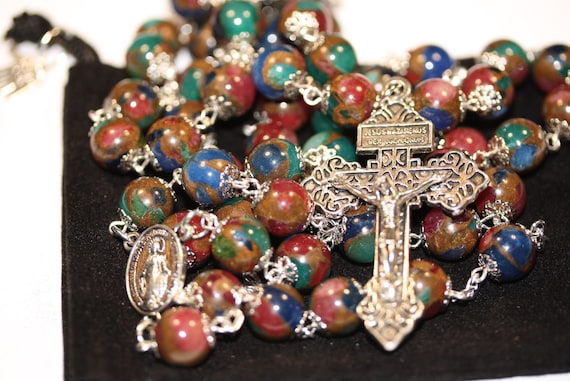10mm Goldstone and Multicolor Rosary in Silver with Pardon Crucifix made in Oklahoma