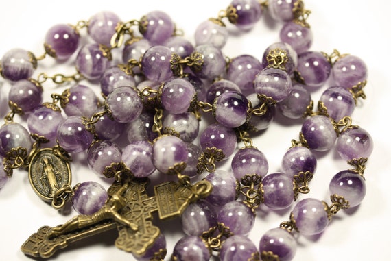10mm Non-Faceted Amethyst Rosary in Bronze with Pardon Crucifix Handmade in Oklahoma