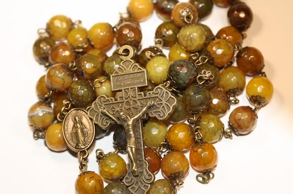 Faceted Golden Dragon's Vein Agate in Bronze oversized 10mm rosary with Pardon Crucifix handmade in Oklahoma