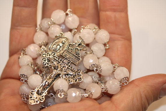 10mm Faceted Quartz Rosary in silver handmade in Oklahoma with a Pardon Crucifix