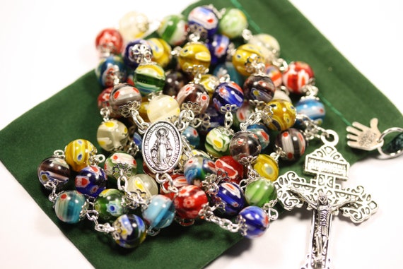 Large 10mm Nonfaceted (Smooth) Millefiori (French Glass "Million Flower") in Silver Rosary made in Oklahoma - Easter Special