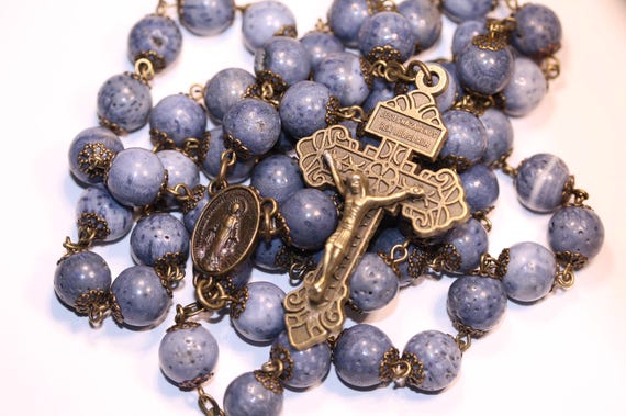 Blue Coral Rosary, 10mm Bead, Bronze Pardon Crucifix & Miraculous Medal Handmade in Oklahoma