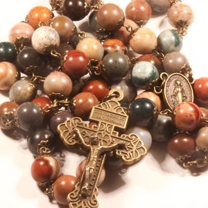 Handmade Jasper Rosary: Bronze Pardon Crucifix, Miraculous Medal