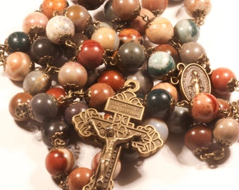 Handmade Jasper Rosary: Bronze Pardon Crucifix, Miraculous Medal