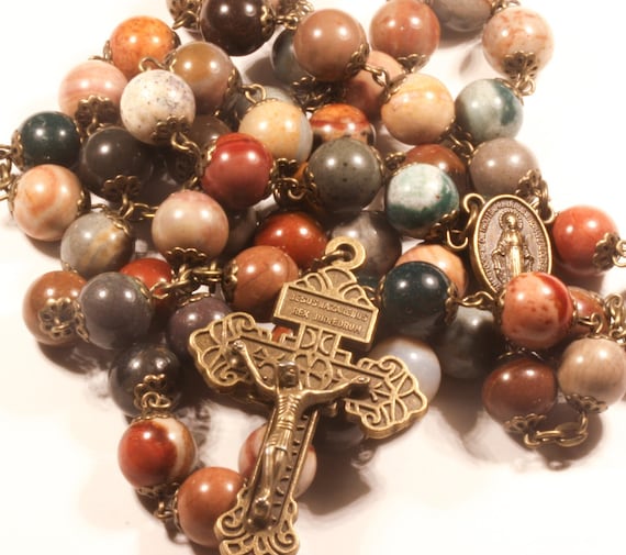 Large 10mm Many Color Jasper in Bronze Handmade Rosary Handmade in  Oklahoma 5 decade Pardon Crucifix