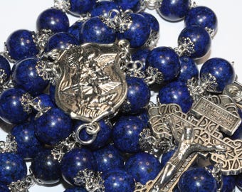 Rosario di San Michele in lapislazzuli e argento da 10 mm, realizzato a mano in Oklahoma, con 5 decadi di grandi dimensioni.