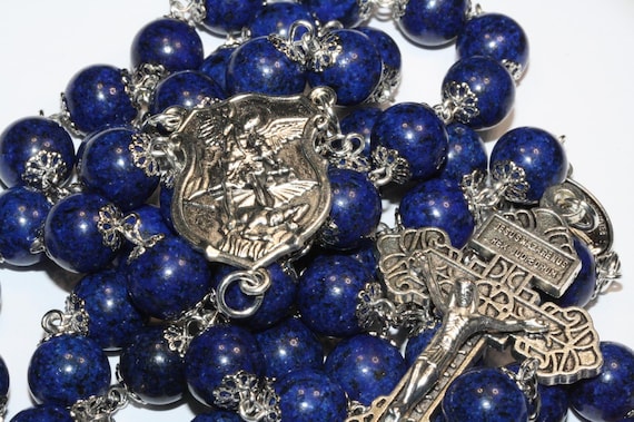 St. Michael Lapis and Silver 10mm oversized 5 decade Rosary handmade in Oklahoma
