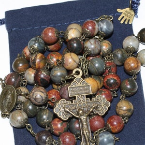 Huge 10mm Picasso and Bronze Handmade Rosary Handmade in  Oklahoma 5 decade Pardon Crucifix