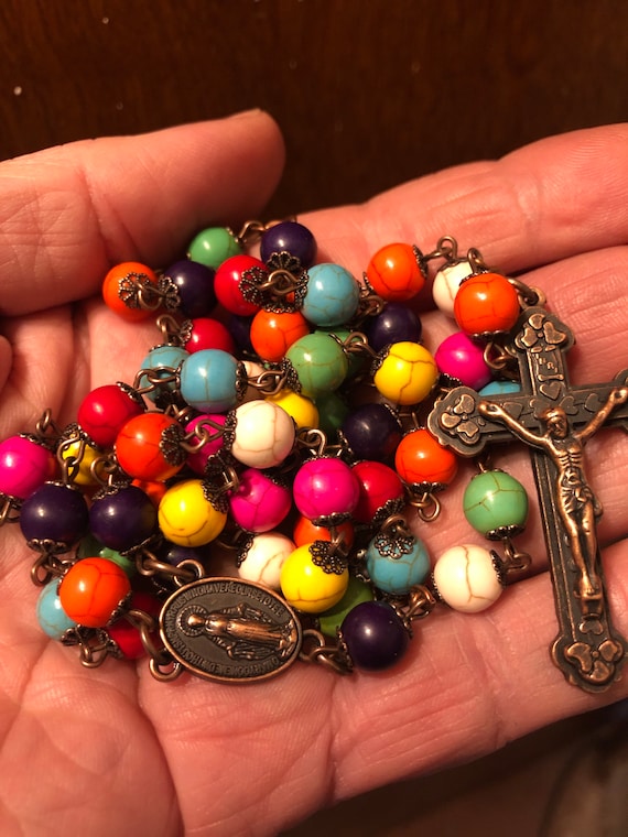 8mm Bright Candy Colored Howlite and Copper  Rosary with Heart Crucifix made in Oklahoma