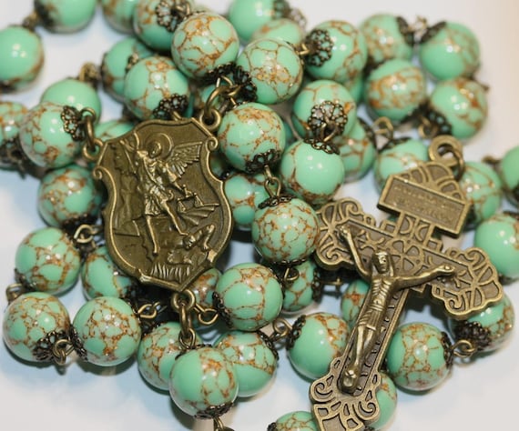 St. Michael Green Gold Vein Stone Bead Rosary, 10mm Bead, Bronze Pardon Crucifix & Miraculous Medal Handmade in Oklahoma