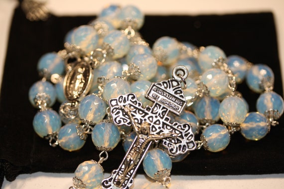 Large 10mm Faceted Opalite (Imitation Opal) in Silver  Handmade Rosary Handmade in  Oklahoma 5 decade with Pardon Crucifix