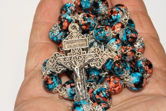 10mm Ceramic Painted Blue and Orange Rosary in Silver with Pardon Crucifix made in Oklahoma