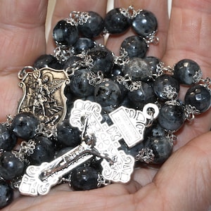Large Silver St. Michael Larvikite 10mm 5 Decade Bead Rosary with a Pardon Crucifix Made in Oklahoma