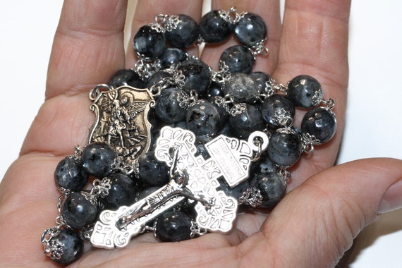 Large Silver St. Michael Larvikite 10mm 5 Decade Bead Rosary with a Pardon Crucifix Made in Oklahoma