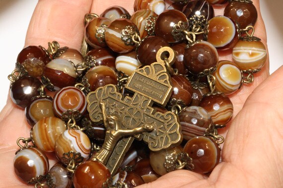 Brown Striped Agate Rosary, Faceted 10mm Beads, Bronze Crucifix, Miraculous Medal