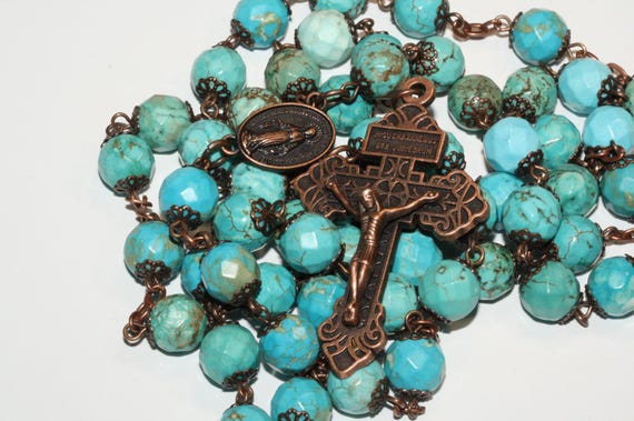 Large 10mm Faceted Turquoise Blue Howlite Stone Rosary in Copper handmade in Oklahoma