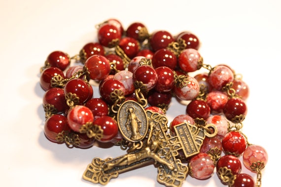 Large 10mm Red Fire Agate and Bronze Handmade Rosary Handmade in Oklahoma 5 decade Pardon Crucifix