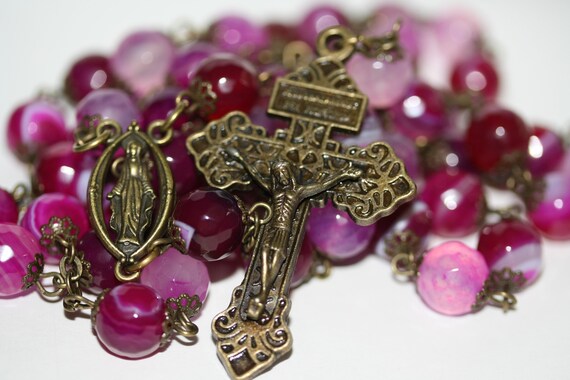 Pink Striped Agate in Bronze made in Oklahoma with Pardon Crucifix -the center is different than pictured. It will have a miraculouse Medal