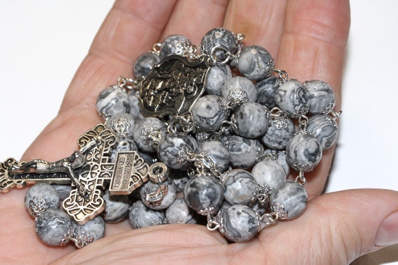 Large Silver St. Michael Gray Lace Agate 10mm 5 Decade Bead Rosary with a Pardon Crucifix Made in Oklahoma