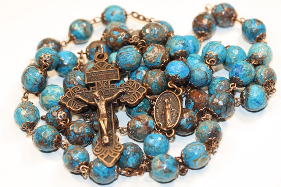 10mm Heaven and Earth Jasper Rosary in Copper with Faceted Stones and Pardon Crucifix Handmade in Oklahoma