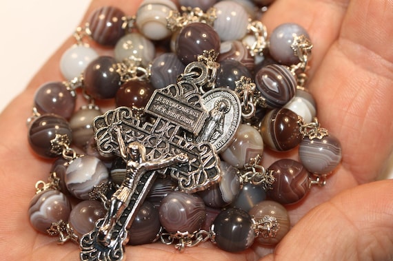 10mm Dream Agate Rosary in Silver with a Pardon Crucifix Handmade in Oklahoma