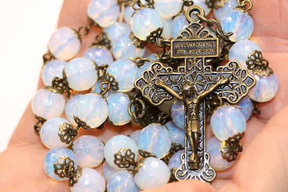 Smooth 10mm Bead Opalite Rosary: Bronze Pardon Crucifix, Handmade in Oklahoma