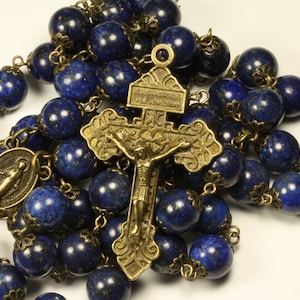 Lapis and Bronze oversized 10mm rosary with Pardon Crucifix