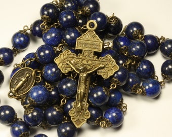 Lapis and Bronze oversized 10mm rosary with Pardon Crucifix