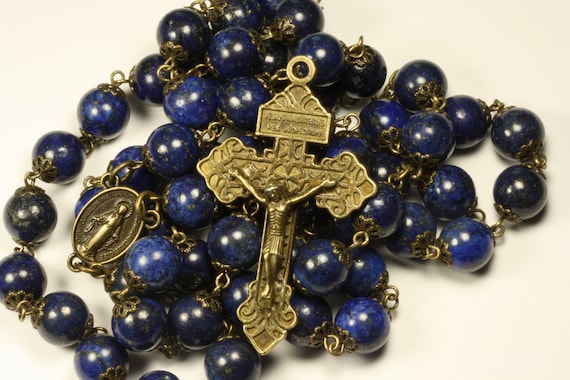 Lapis and Bronze oversized 10mm rosary with Pardon Crucifix