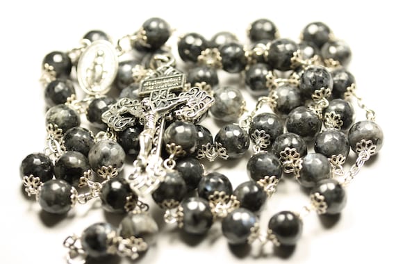 Large Larvakite in Silver 10mm 5 Decade Bead Rosary Made in Oklahoma with Pardon Crucifix