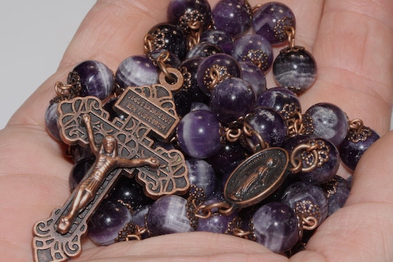 10mm Sage Amethyst Rosary in Copper with Pardon Crucifix Handmade in Oklahoma