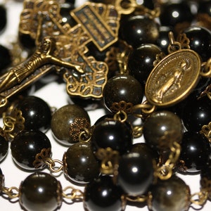 Golden Obsidian Rosary in Bronze made in Oklahoma with Pardon Crucifix