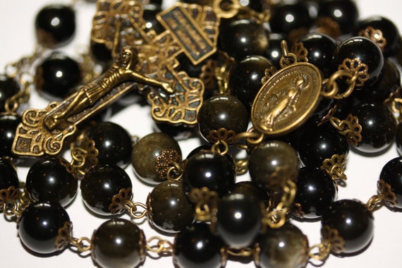 Golden Obsidian Rosary in Bronze made in Oklahoma with Pardon Crucifix