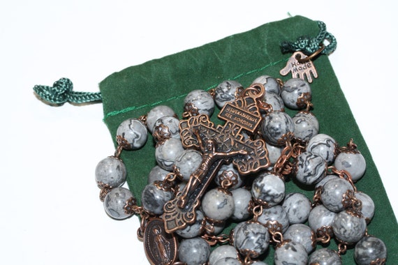 10mm Large Grey Lace Jasper Rosary in Copper with Pardon Crucifix Made in Oklahoma