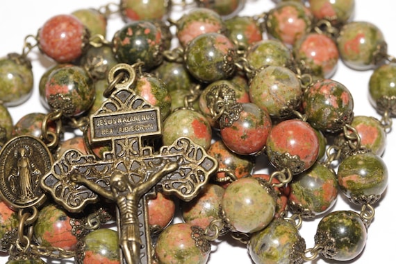 Unakite Stone Rosary in Bronze made in Oklahoma with Pardon Crucifix