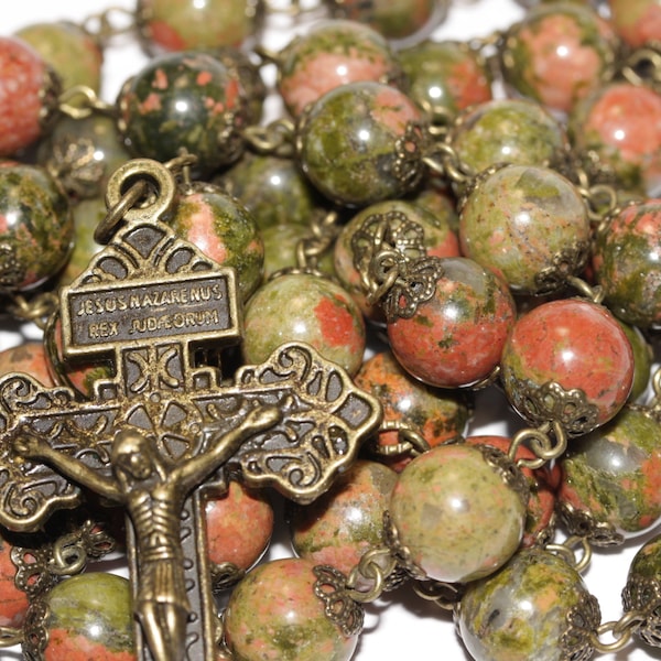 Unakite Stone Rosary in Bronze made in Oklahoma with Pardon Crucifix
