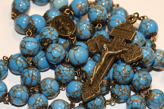10mm Blue with Gold Vein Bead Rosary in Bronze Handmade in Oklahoma 5-decade Pardon Crucifix