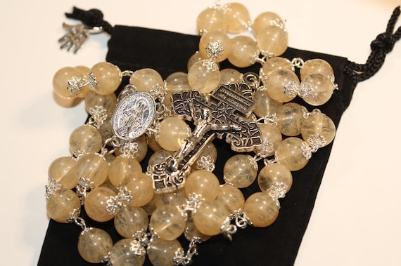 Honey Chalcedony Rosary: Silver Pardon Crucifix, Miraculous Medal, Handmade Oklahoma