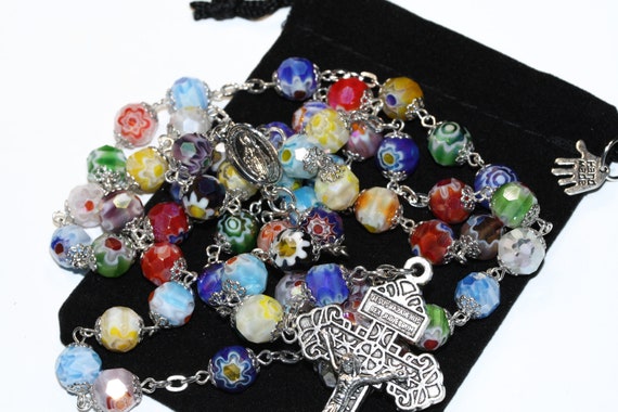 Standard 10mm Faceted (Disco Ball Shaped)  Millifiori (Million Flower) French Glass Bead Rosary in Silver  made in Oklahoma